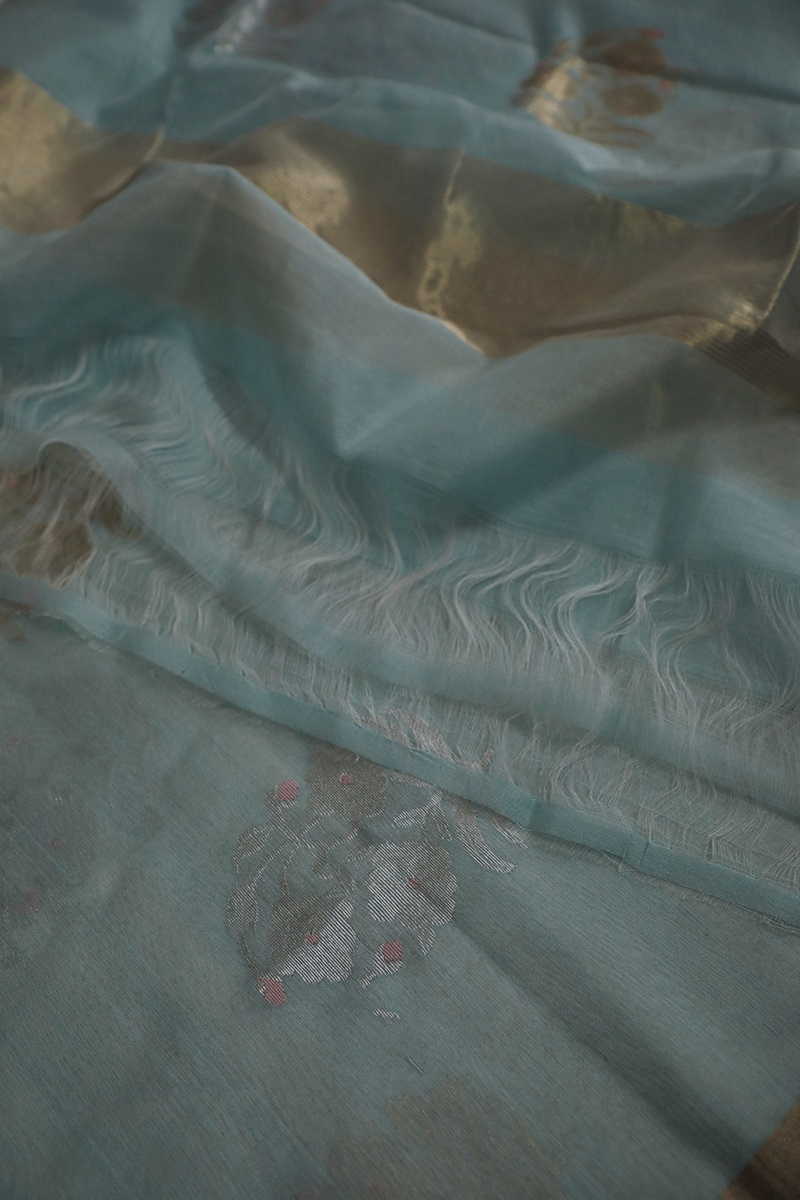 Light Blue with Big Floral Motif Silk Cotton Chanderi Dupatta