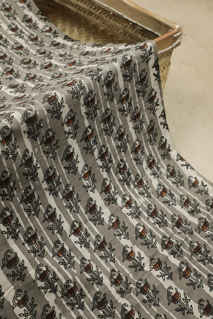 Grey Block Printed Cotton Fabric - 2m