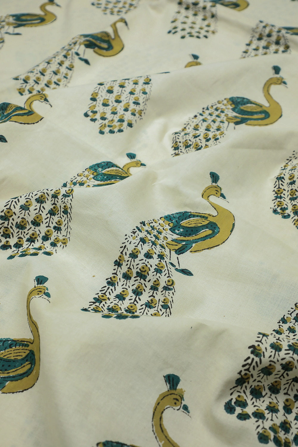 Peacock on Cream Block Printed Cotton Fabric - 0.75m