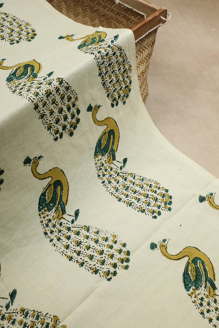 Peacock on Cream Block Printed Cotton Fabric - 0.75m