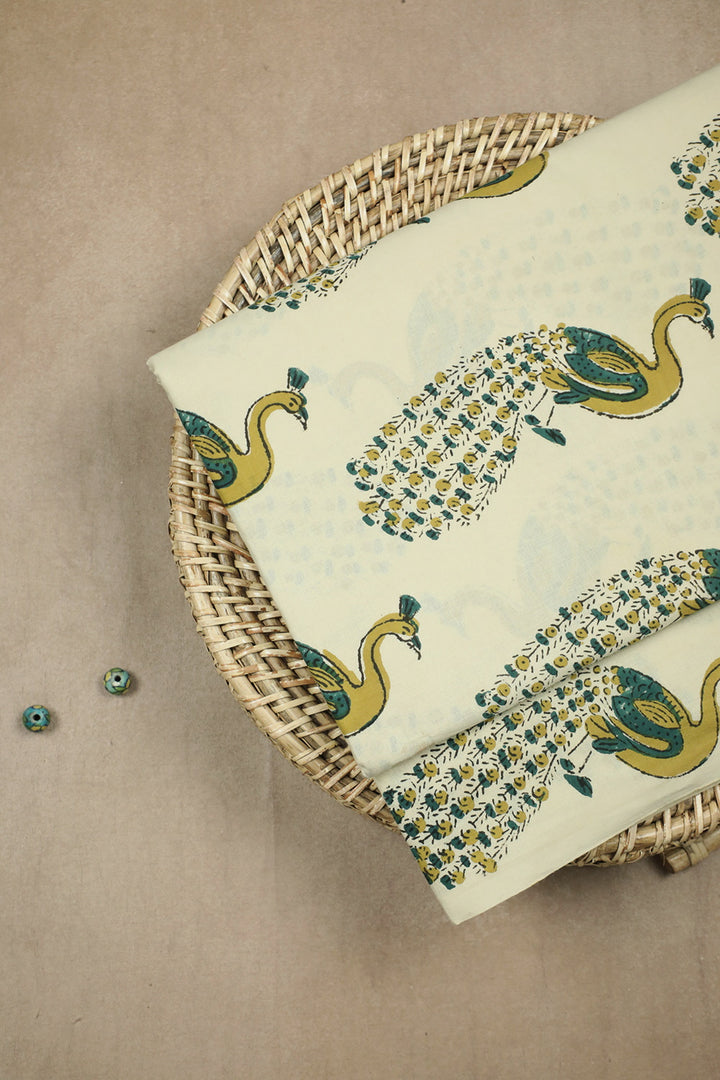 Peacock on Cream Block Printed Cotton Fabric - 0.75m