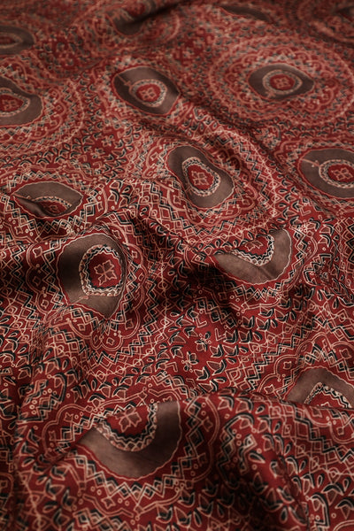 Maroon Block Printed Modal Silk Fabric- 0.5m
