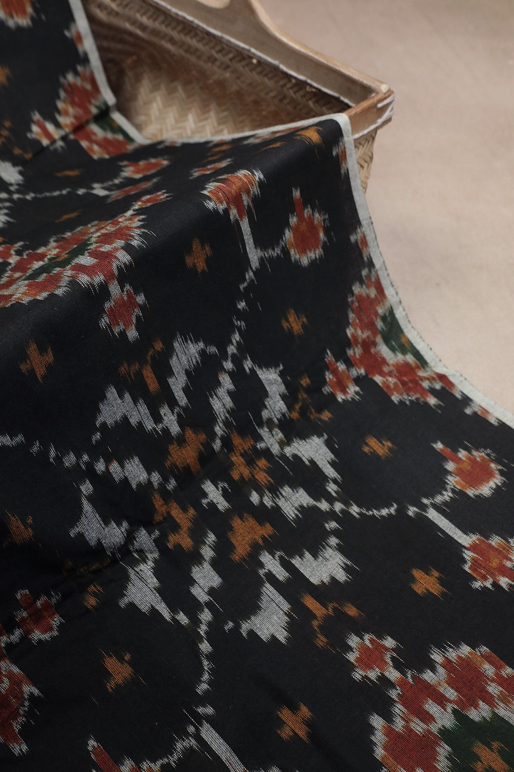 Patterned on Black Ikat Cotton Fabric