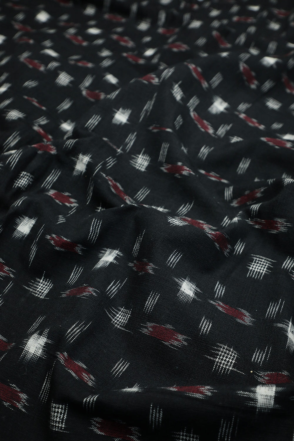 Cream & Maroon Butta on Black Ikat Cotton Fabric - 1.4m