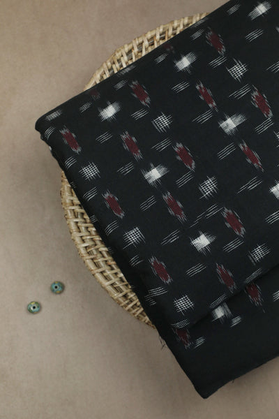 Cream & Maroon Butta on Black Ikat Cotton Fabric - 1.4m