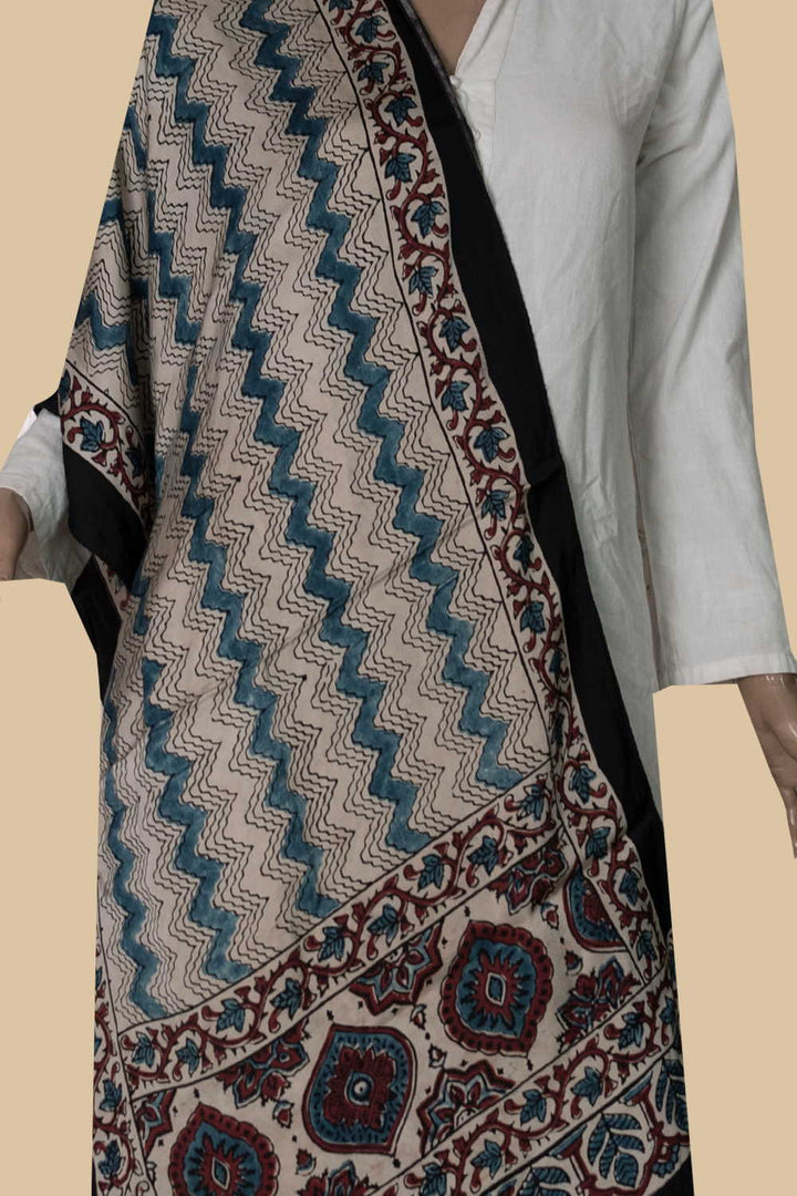 Cream Ajrak Modal Silk Stole