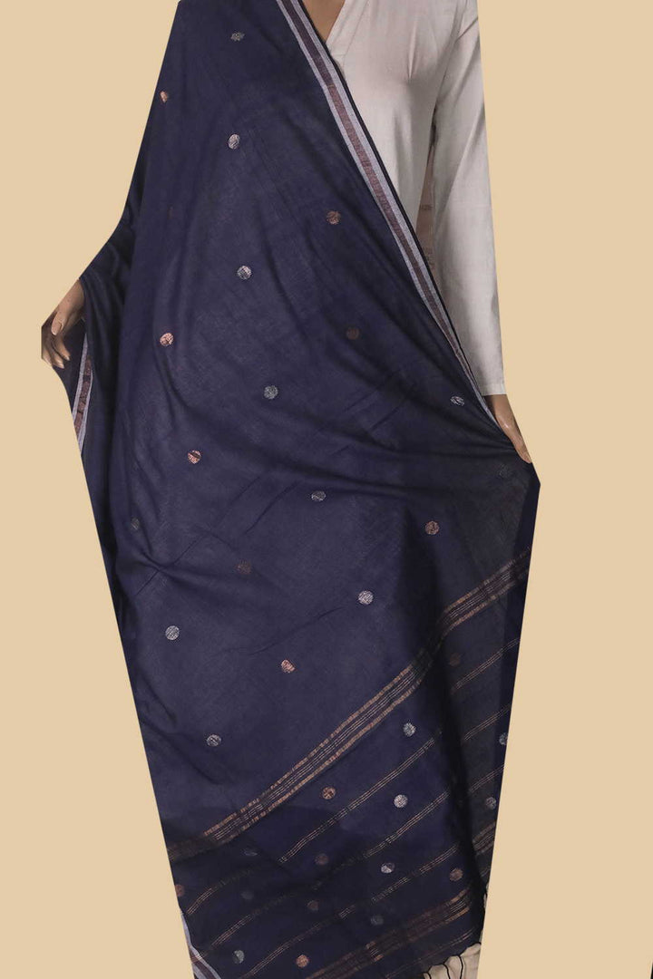 Indigo with Zari Polka Jamdani Cotton Dupatta