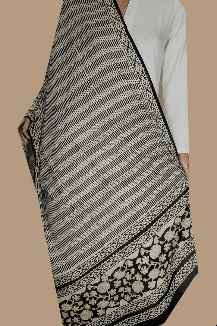 Black Pattern on Cream Block Printed Mul Cotton Dupatta