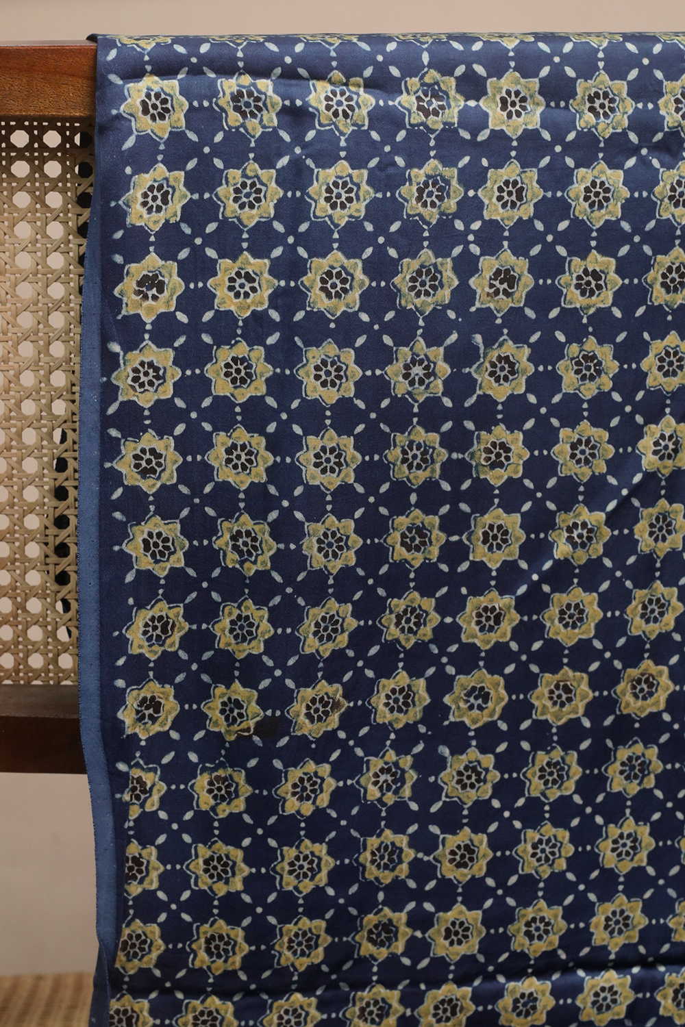 Star Pattern on Indigo Ajrak Modal Silk Fabric