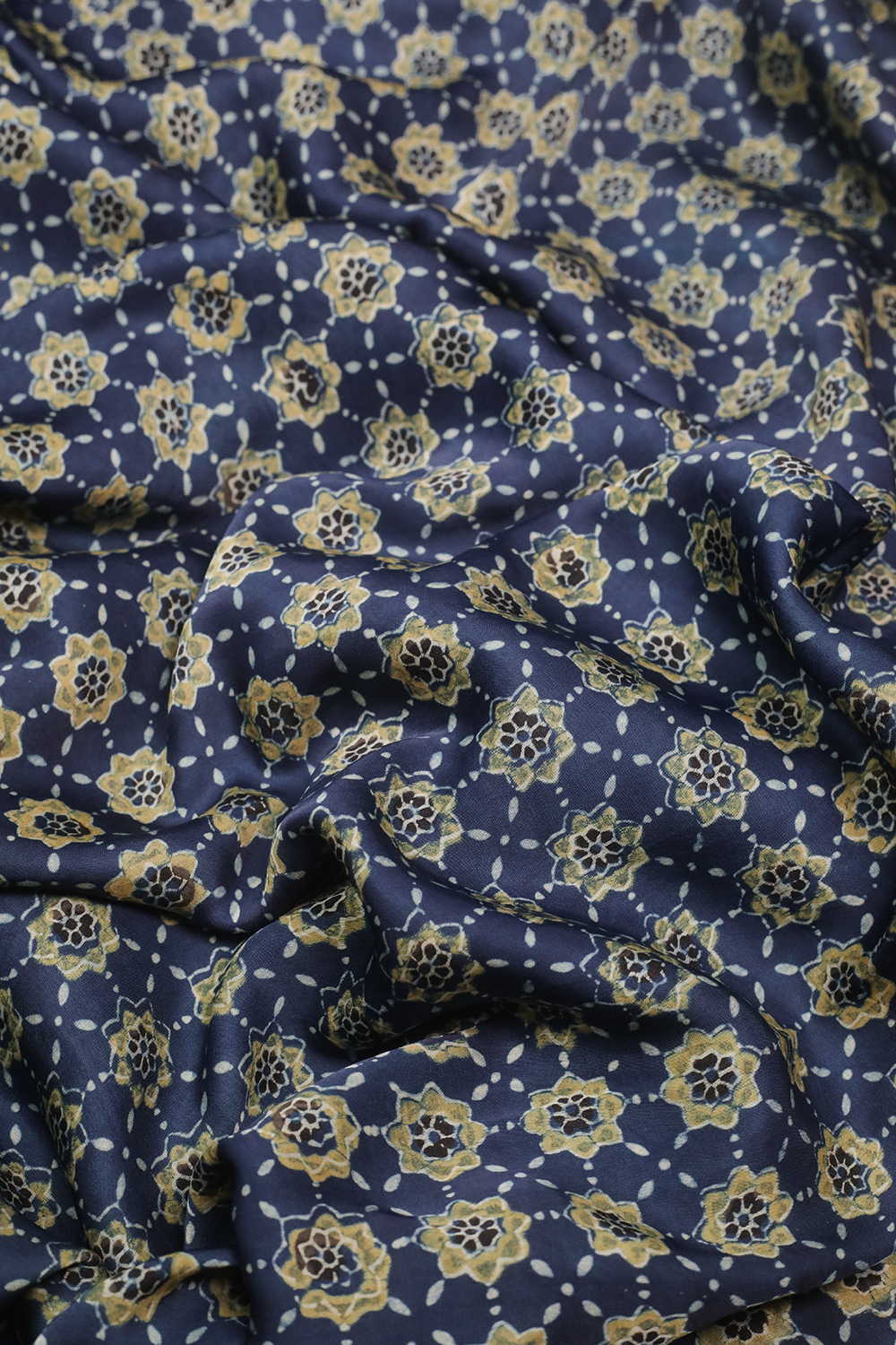Star Pattern on Indigo Ajrak Modal Silk Fabric