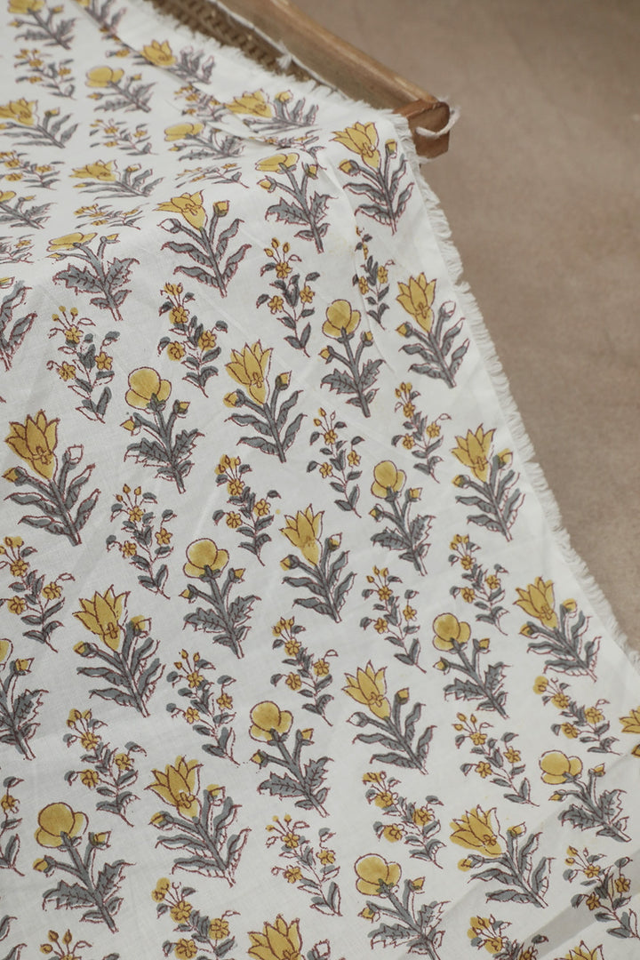 Florets on Cream Sanganeri Cotton Fabric - 1.8m