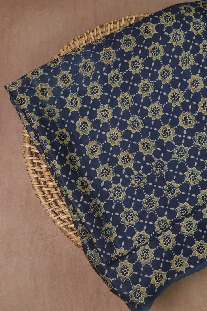 Star Pattern on Indigo Ajrak Modal Silk Fabric