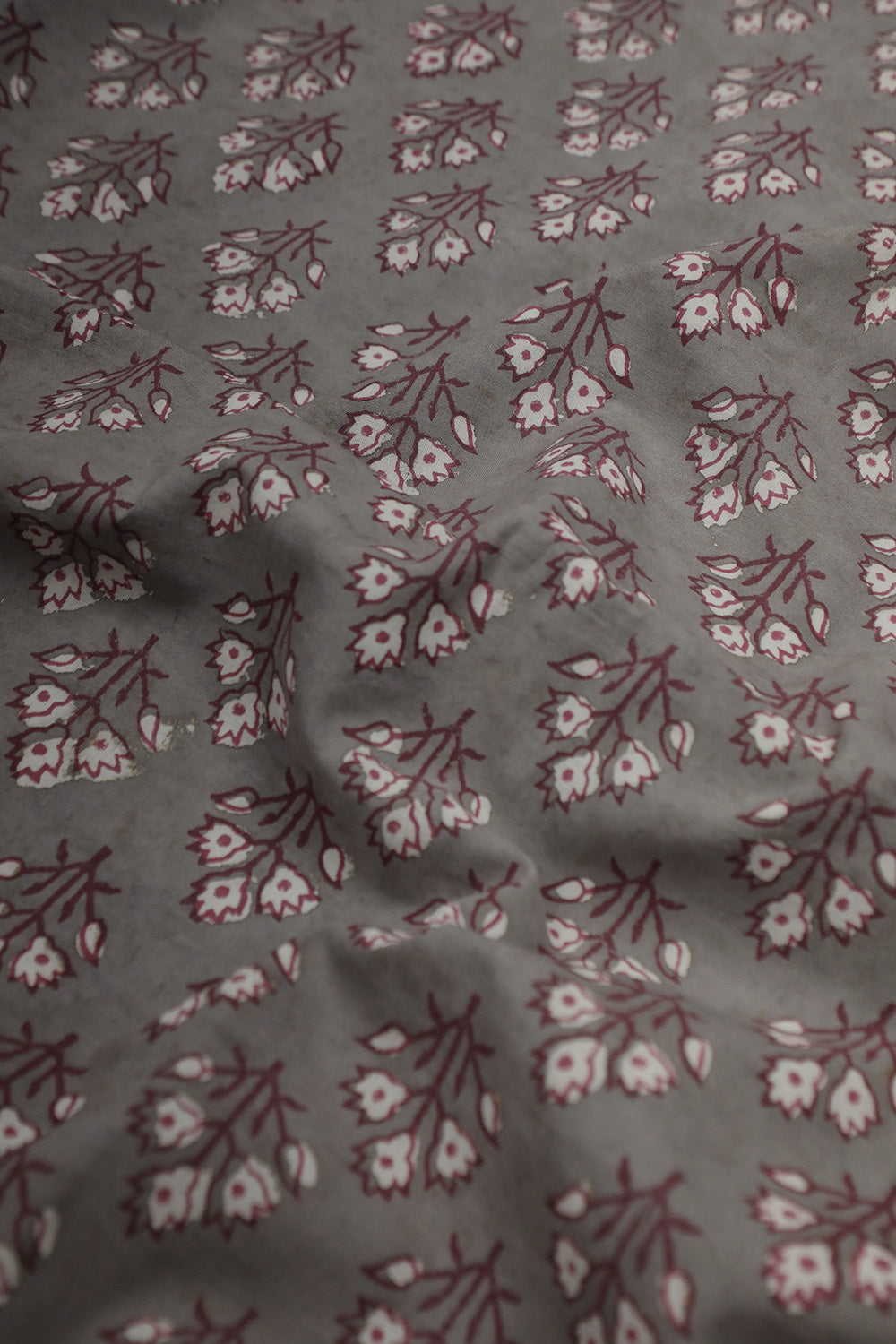Floral Butta's on Grey Block Printed Cotton Fabric - 1m