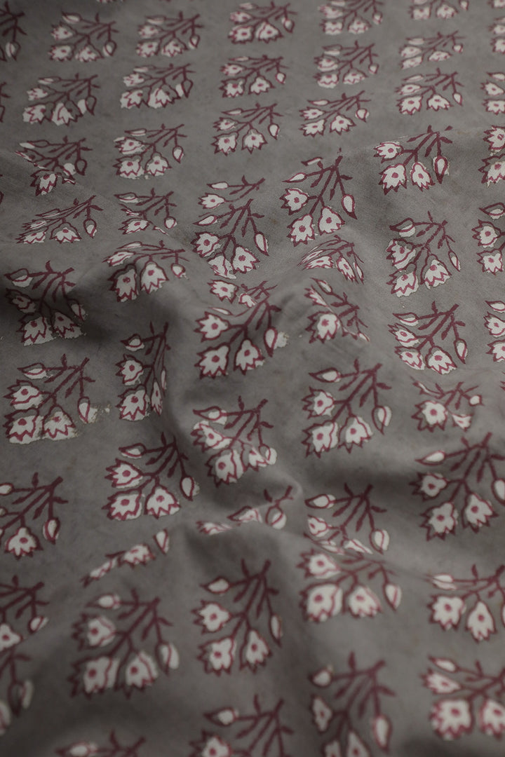 Floral Butta's on Grey Block Printed Cotton Fabric - 1m