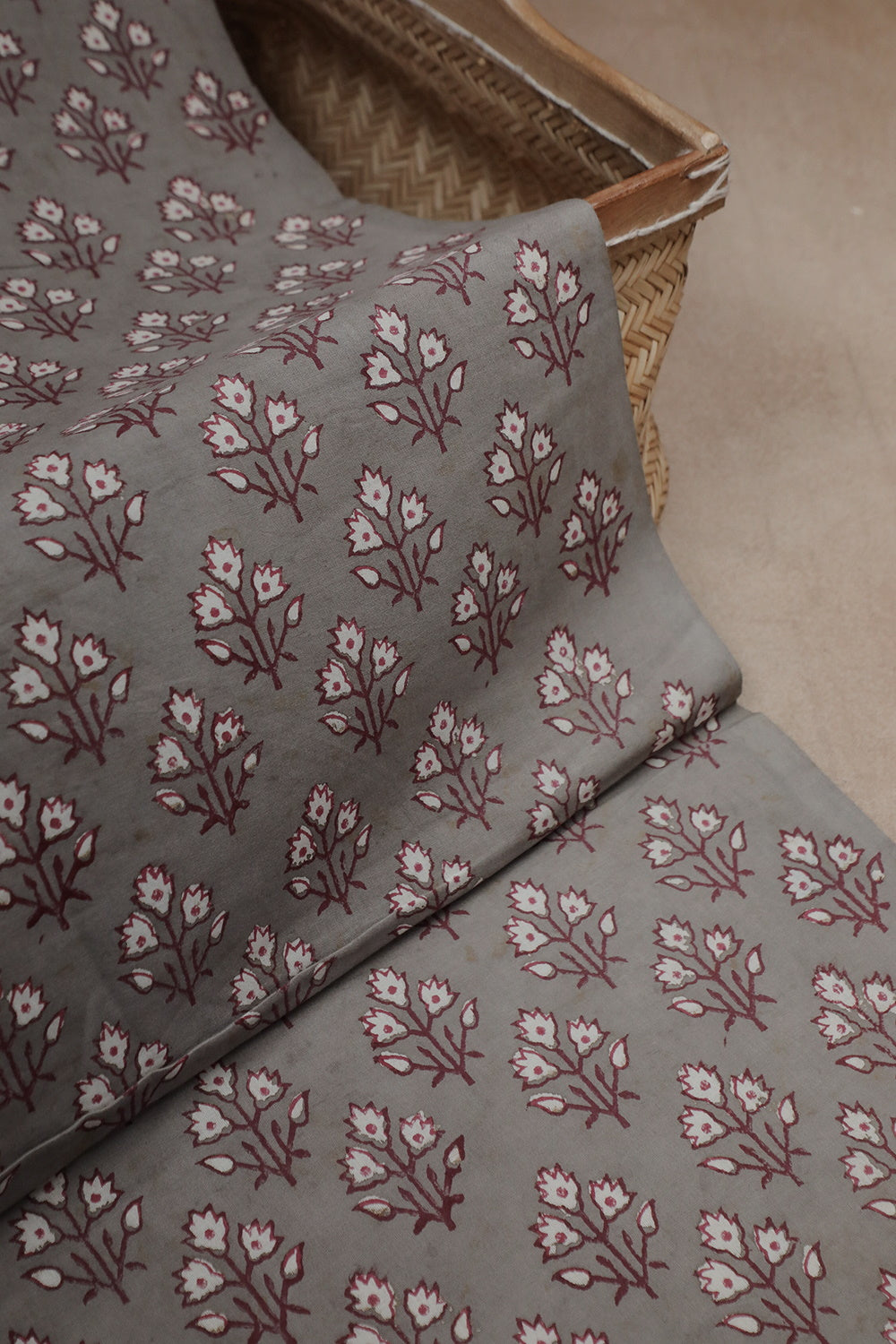 Floral Butta's on Grey Block Printed Cotton Fabric - 1m