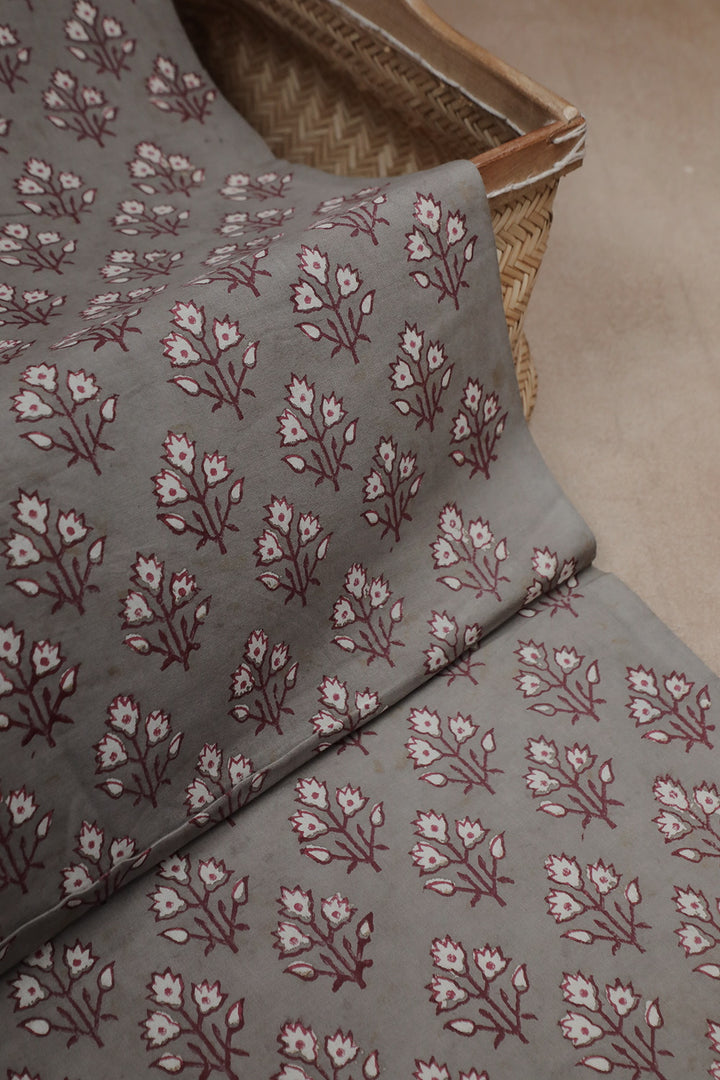 Floral Butta's on Grey Block Printed Cotton Fabric - 1m