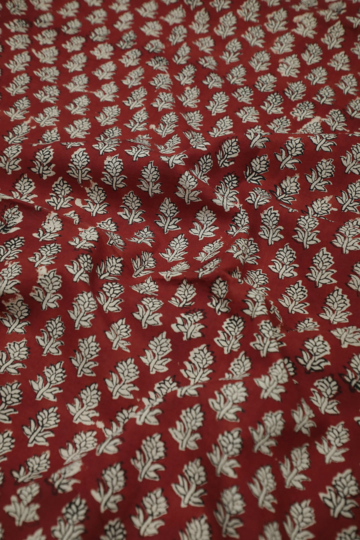 Jam Maroon with Florets Block Printed Cotton Fabric - 0.5m