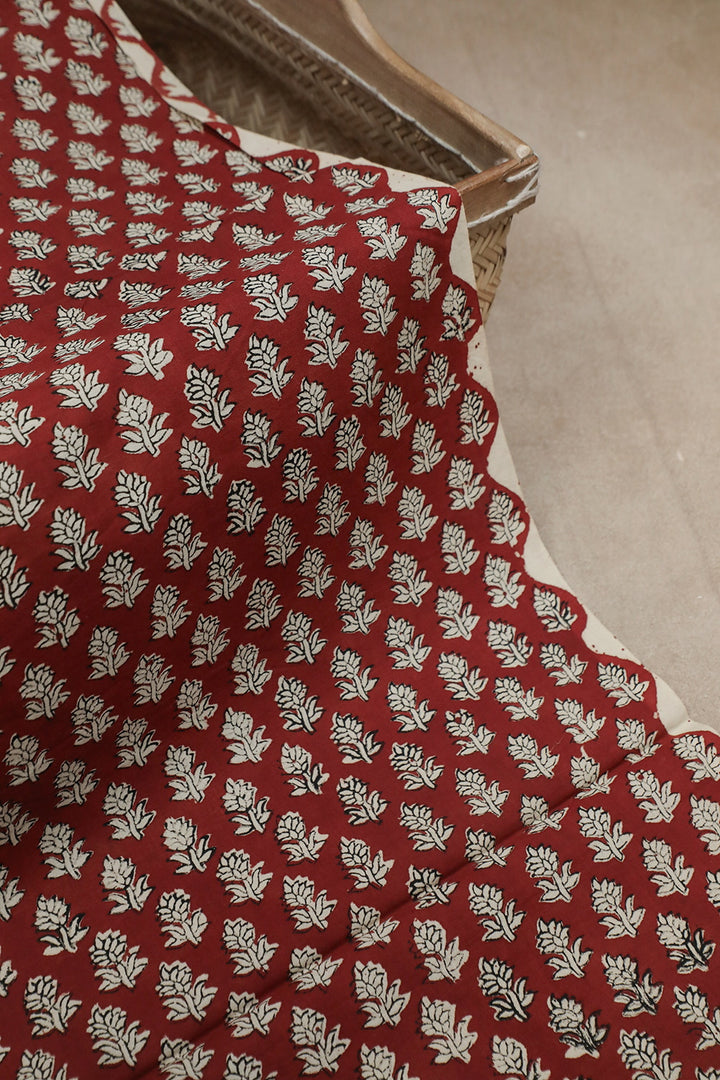 Jam Maroon with Florets Block Printed Cotton Fabric - 0.5m