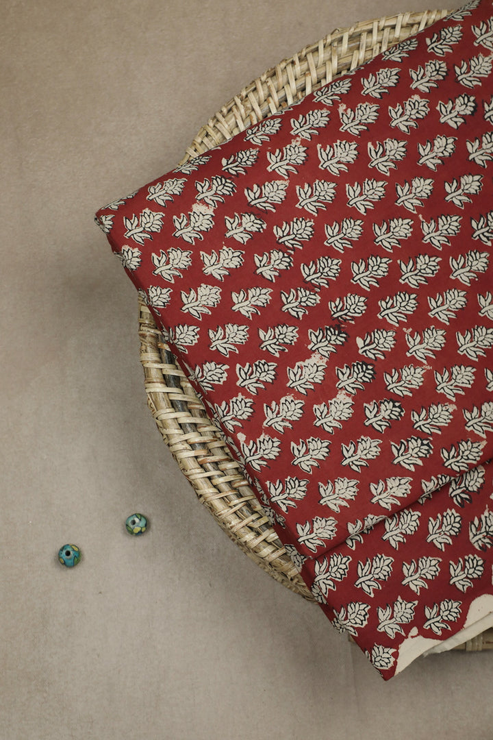 Jam Maroon with Florets Block Printed Cotton Fabric - 0.5m