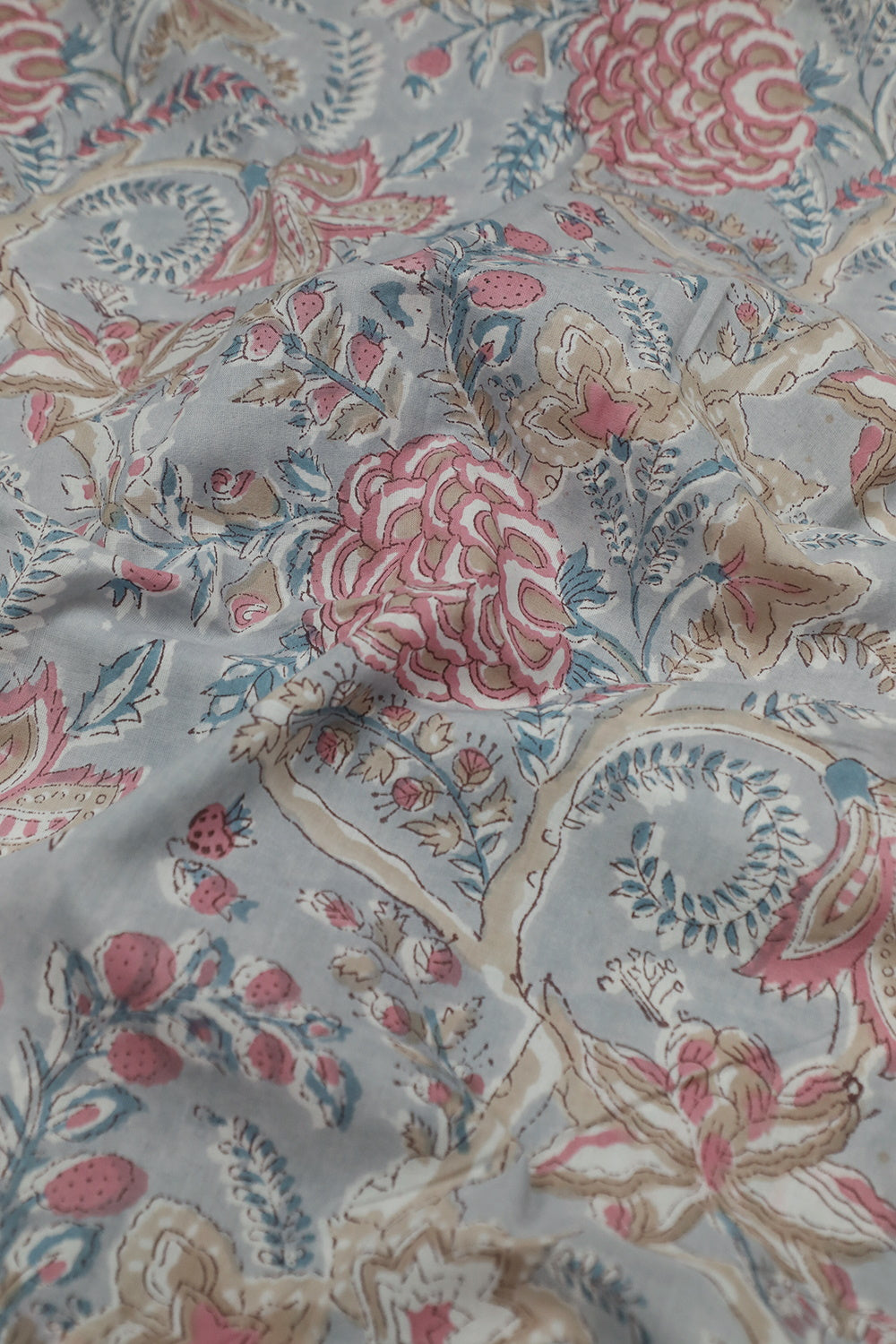 Bluish Grey with Florals Sanganeri Cotton Fabric - 1.7m