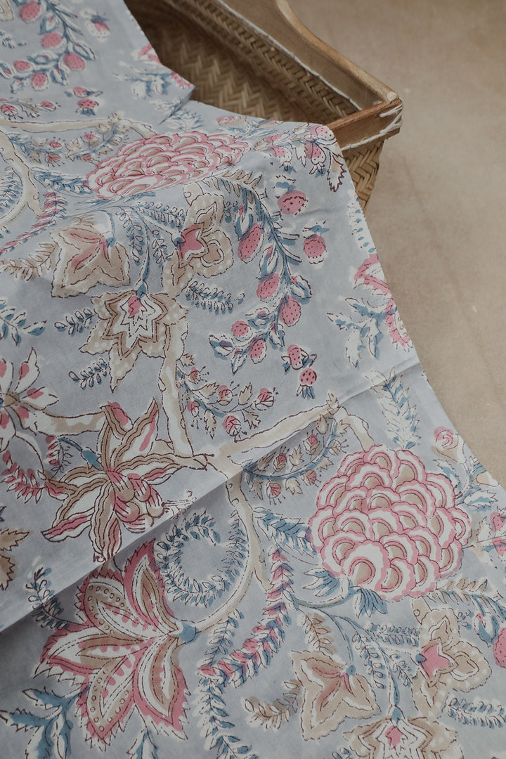 Bluish Grey with Florals Sanganeri Cotton Fabric - 1.7m