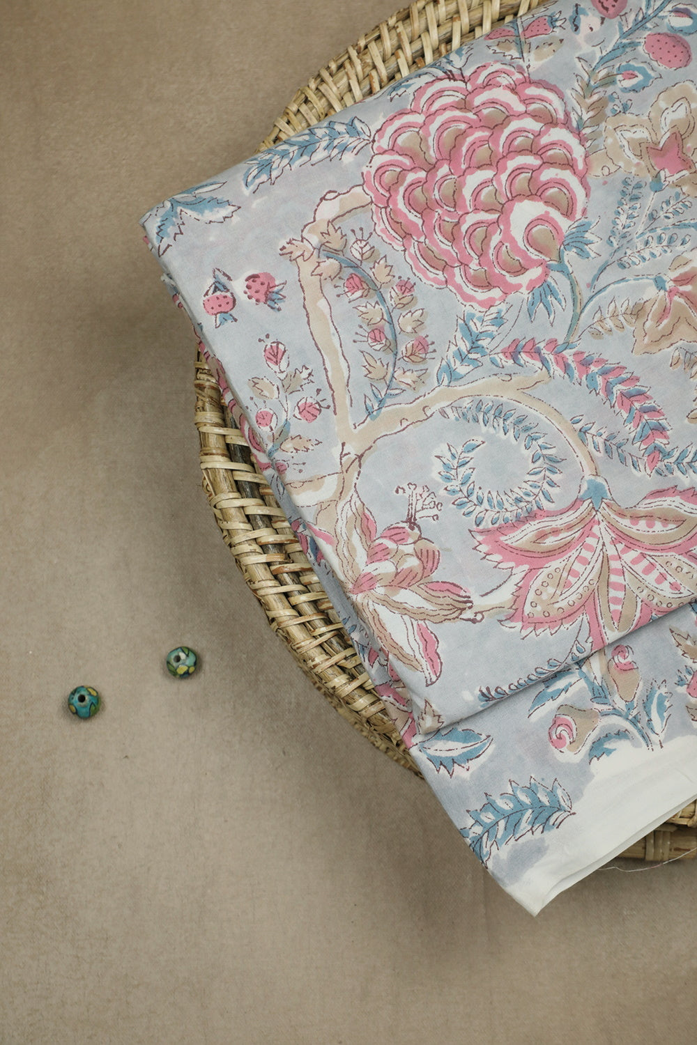 Bluish Grey with Florals Sanganeri Cotton Fabric - 1.7m