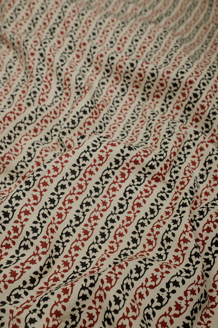 Maroon & Black Floral Pattern Bagru Cotton Fabric - 0.55m