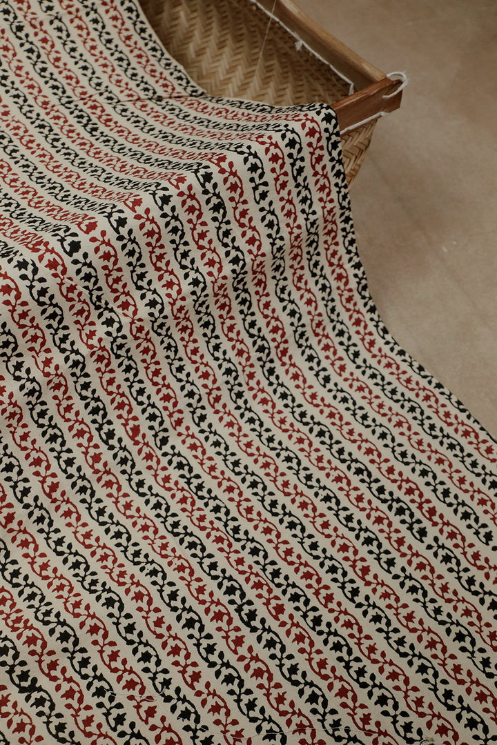 Maroon & Black Floral Pattern Bagru Cotton Fabric - 0.55m