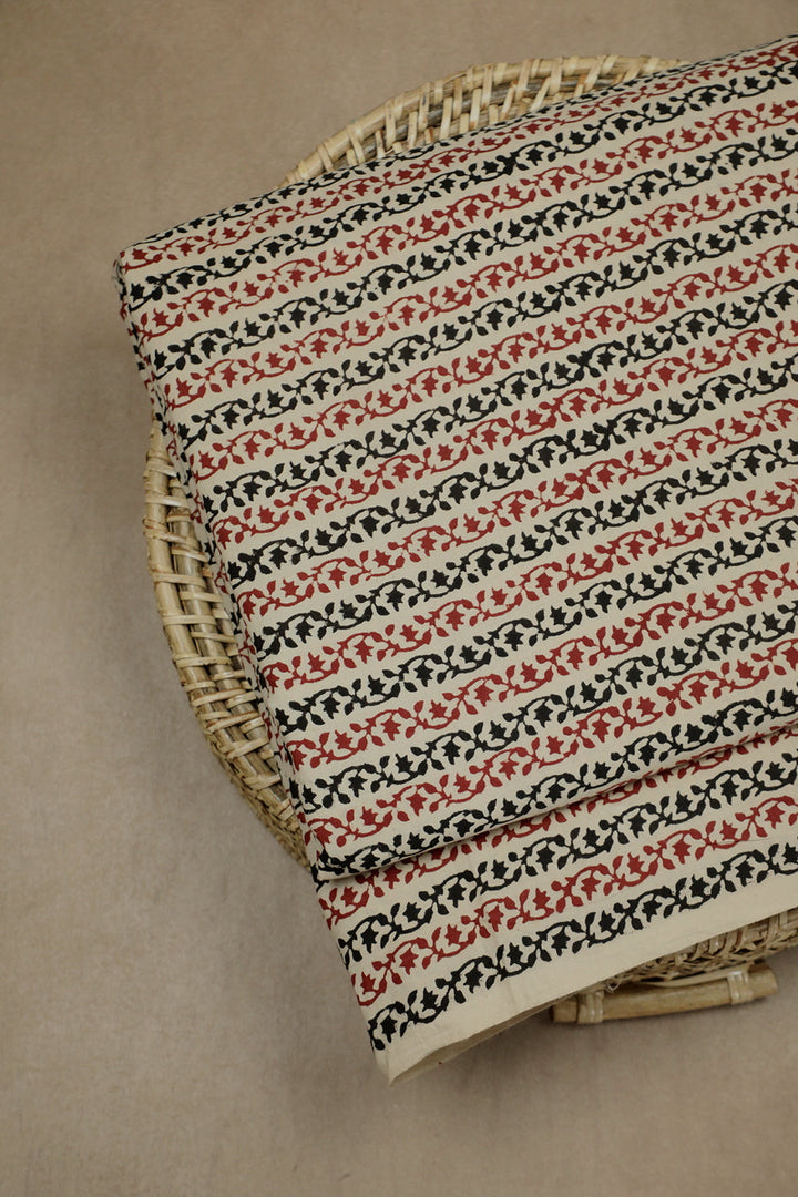 Maroon & Black Floral Pattern Bagru Cotton Fabric - 0.55m