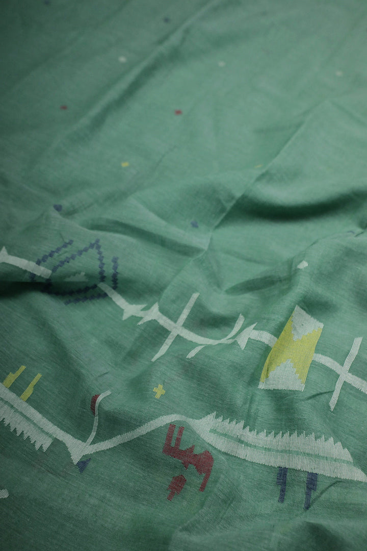 Green with Border Jamdani Cotton Fabric - 0.6m