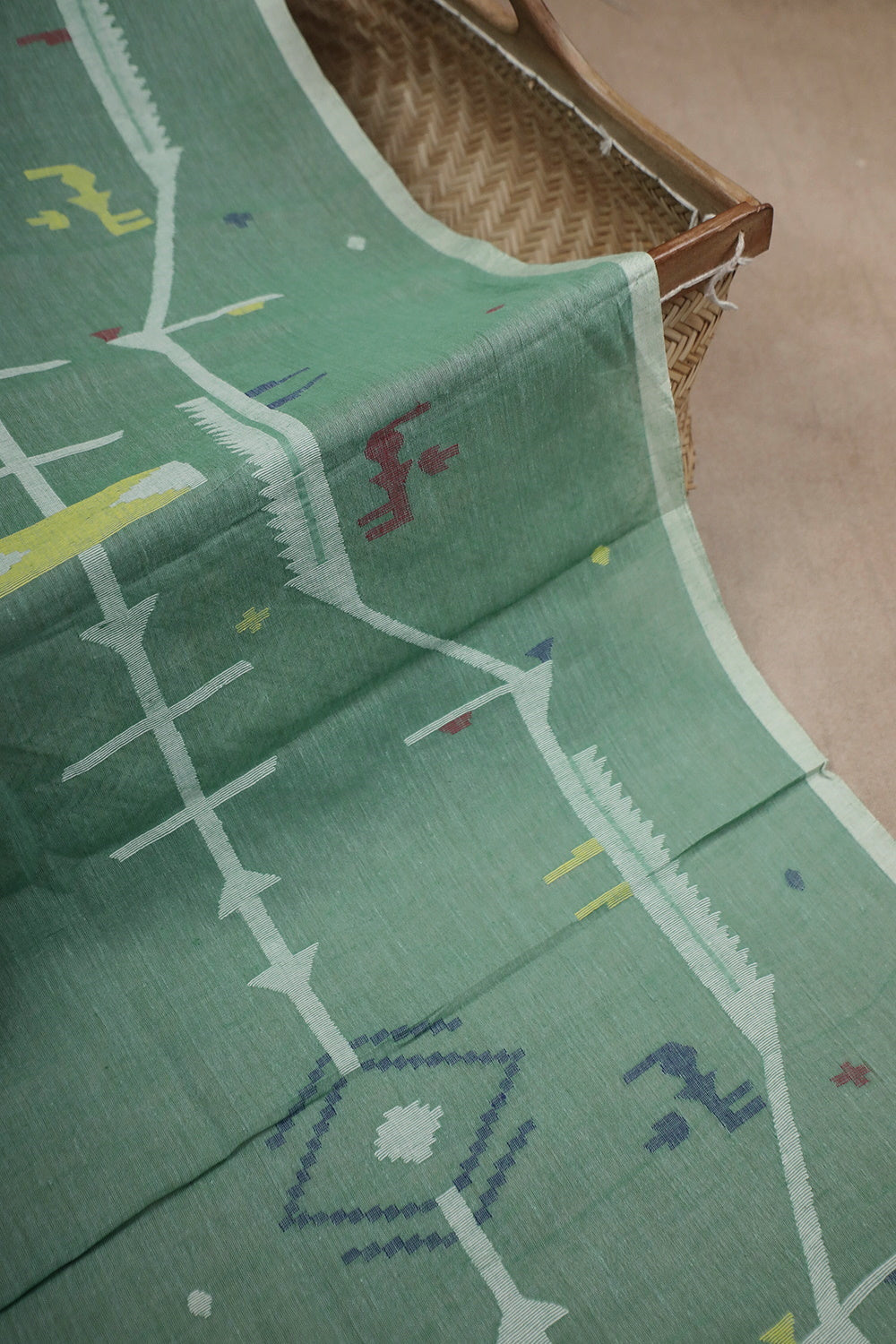 Green with Border Jamdani Cotton Fabric - 0.6m