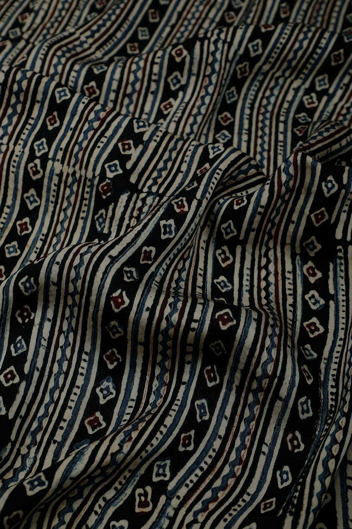 Stripes on Black Ajrak Modal Silk Fabric