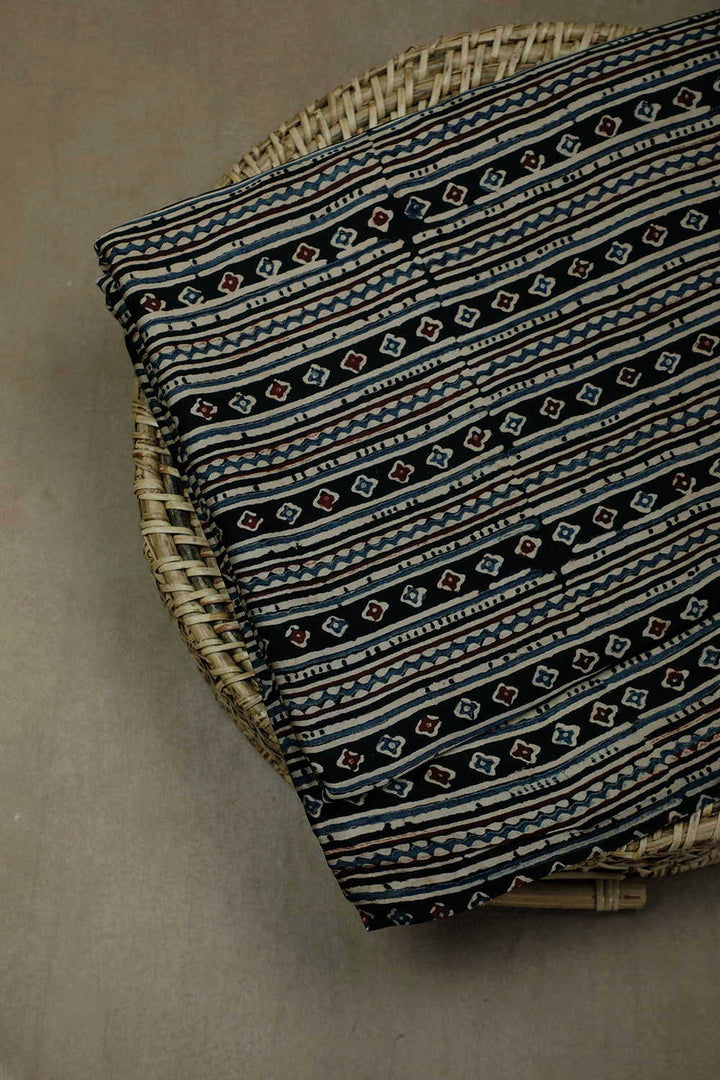 Stripes on Black Ajrak Modal Silk Fabric