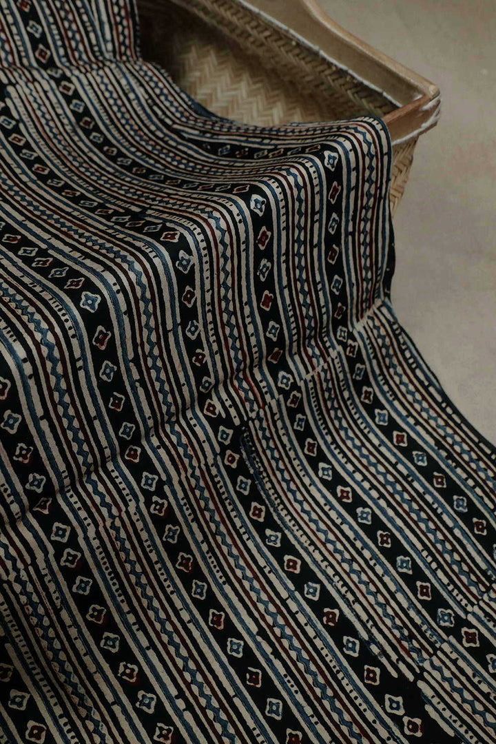 Stripes on Black Ajrak Modal Silk Fabric