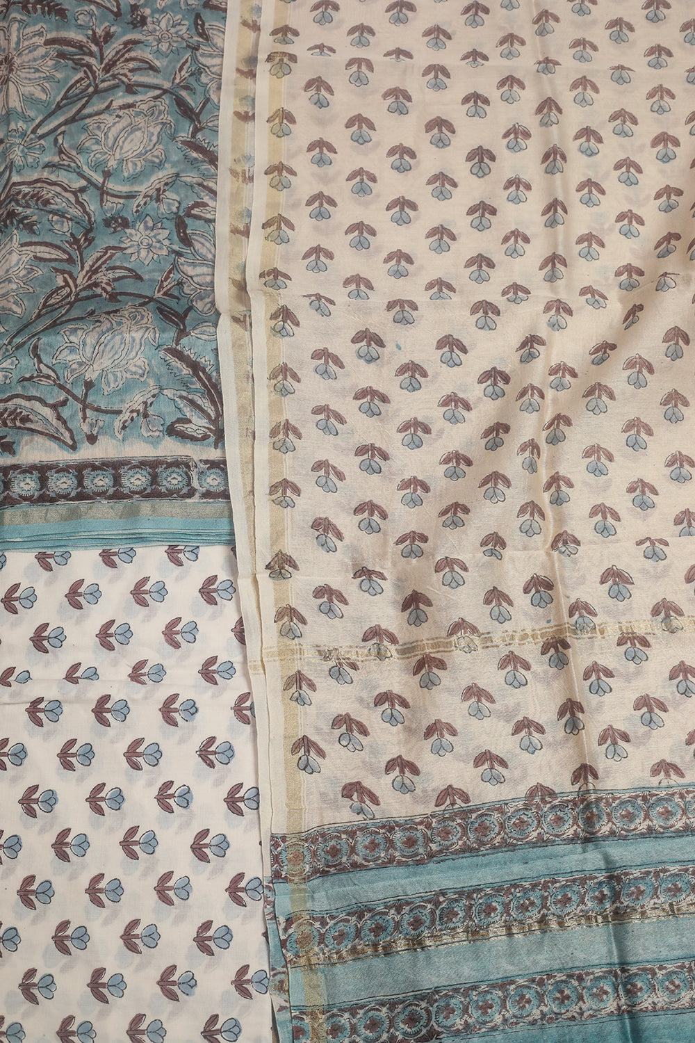 Florals on Ice Blue Block Printed Chanderi Suit