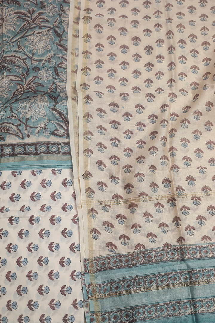 Florals on Ice Blue Block Printed Chanderi Suit