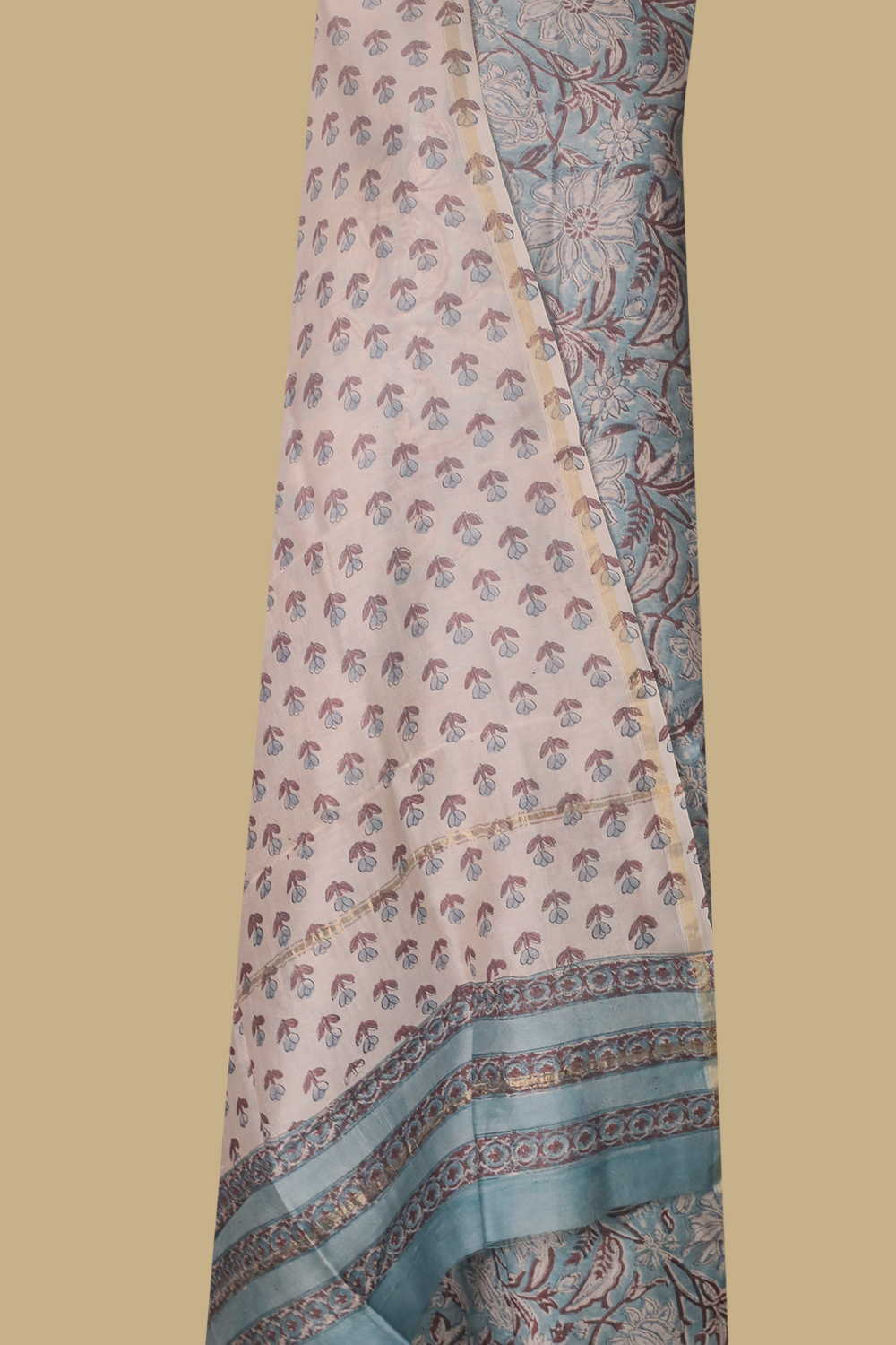 Florals on Ice Blue Block Printed Chanderi Suit