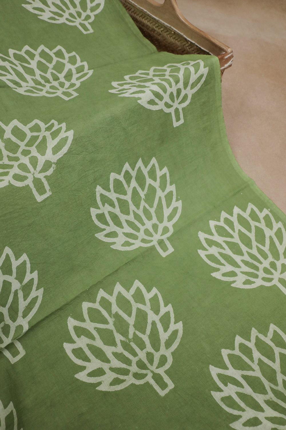 Dahlias on Pleasant Green Akola Block printed Fabric - 0.8m