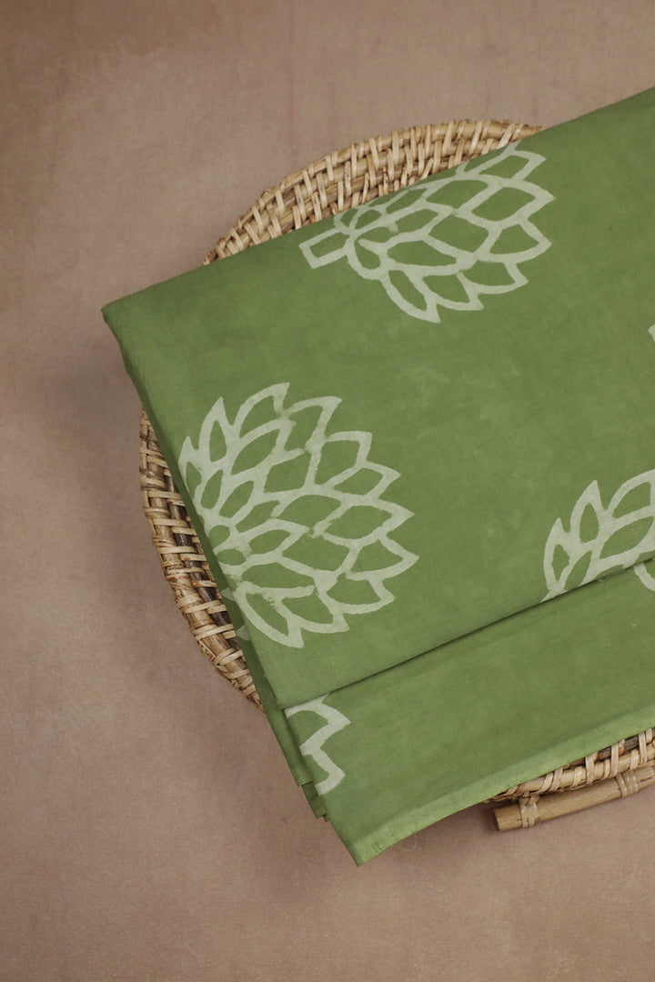 Dahlias on Pleasant Green Akola Block printed Fabric - 0.8m