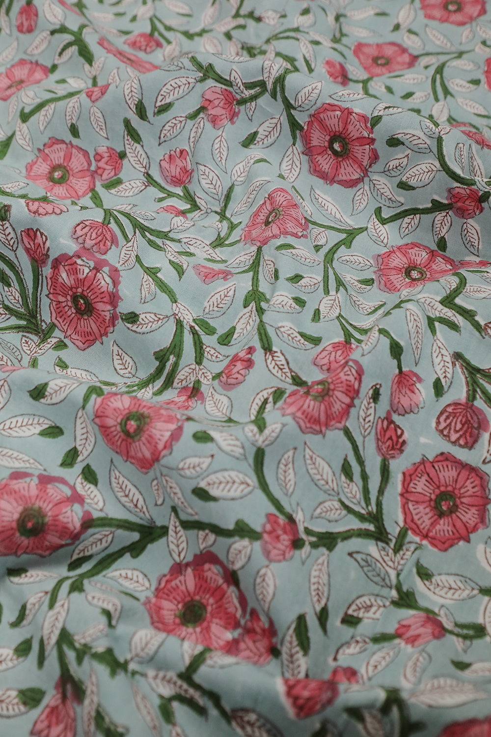Pink & Green Leafy Floral Sanganeri Cotton Fabric - 1m