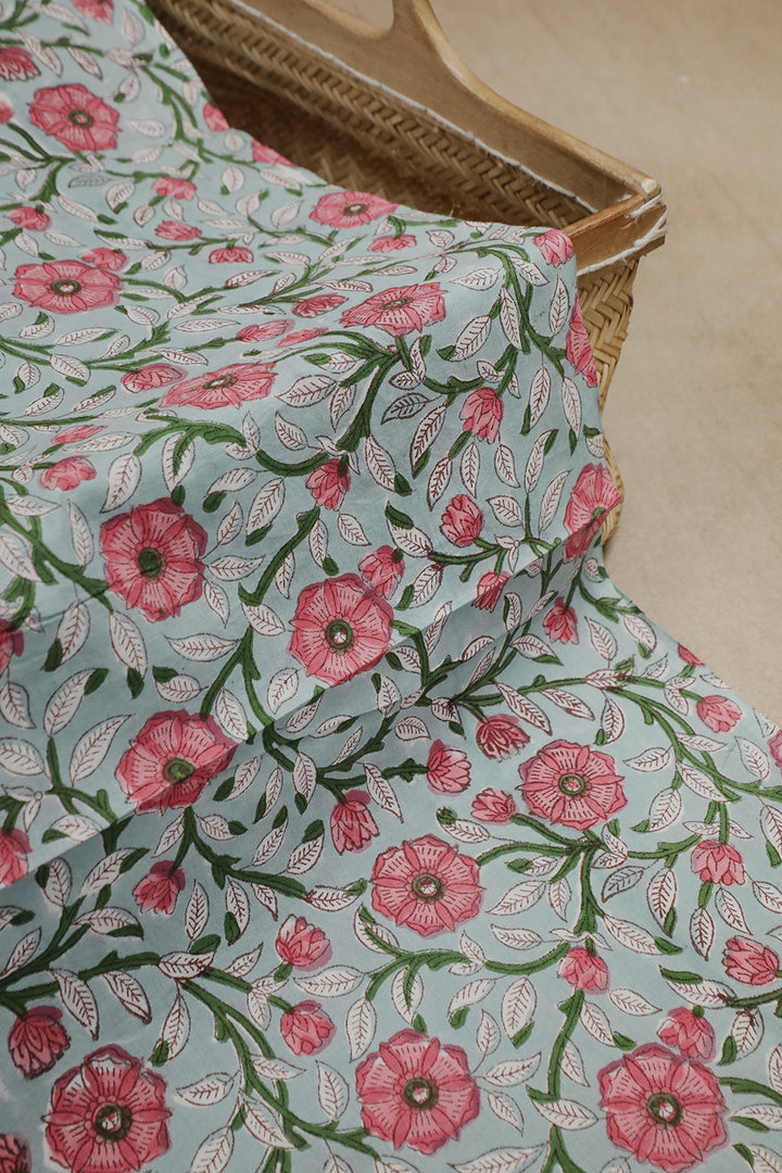 Pink & Green Leafy Floral Sanganeri Cotton Fabric - 1m