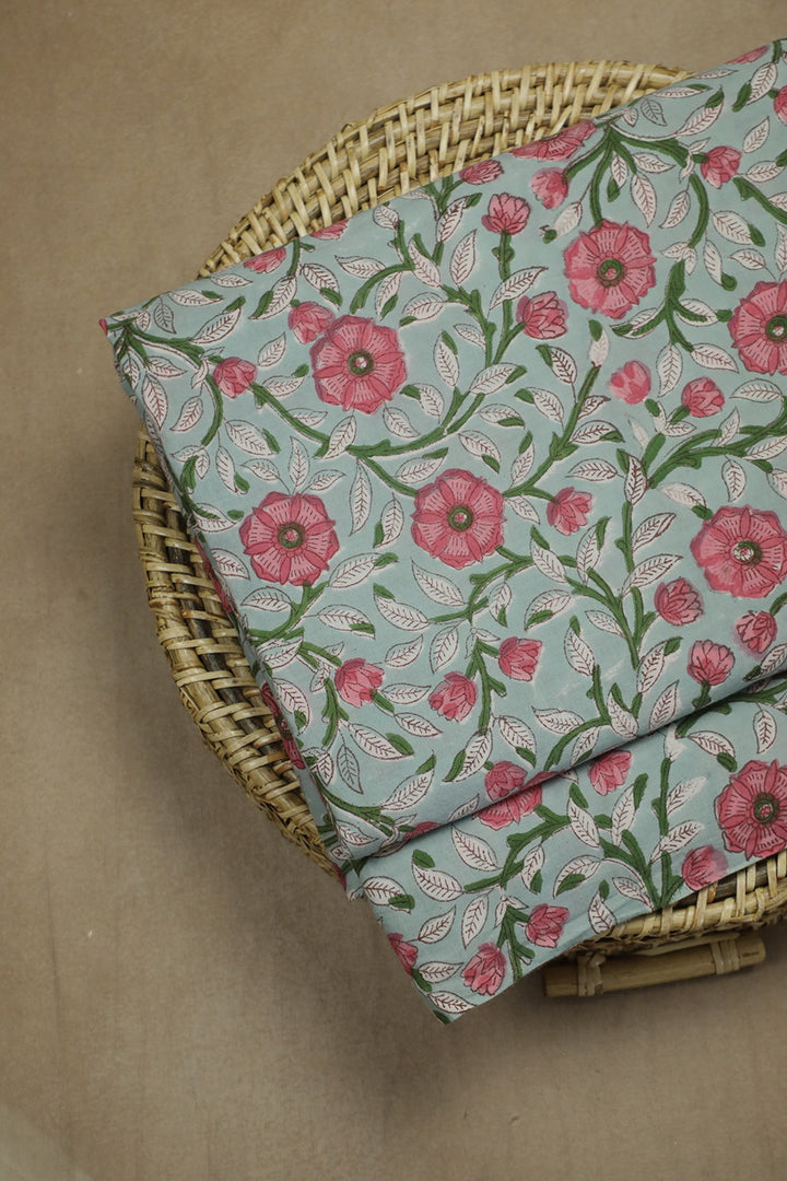 Pink & Green Leafy Floral Sanganeri Cotton Fabric - 1m