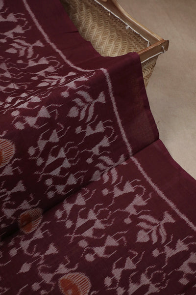 Deep Maroon with Motifs Orissa Ikat Cotton Fabric