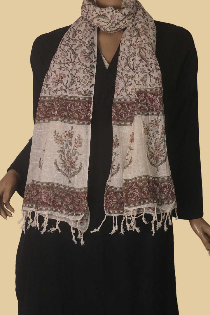 Butta Floral Block Printed Slub Cotton Stole cccc