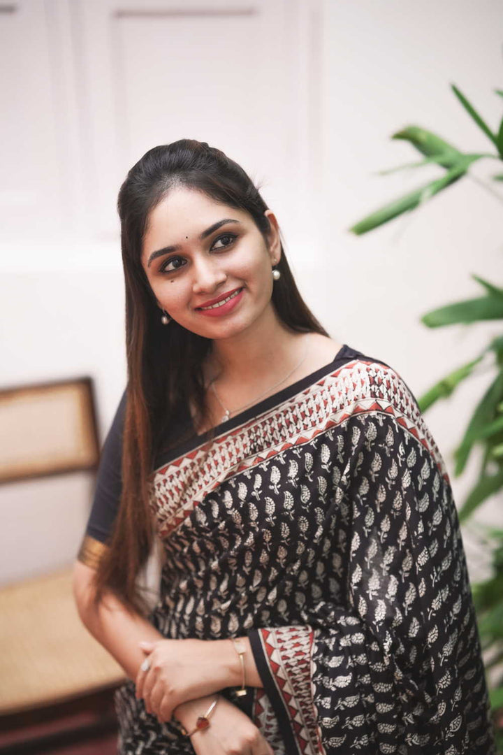 Leaf Butta on Black Block Printed Mul Cotton saree