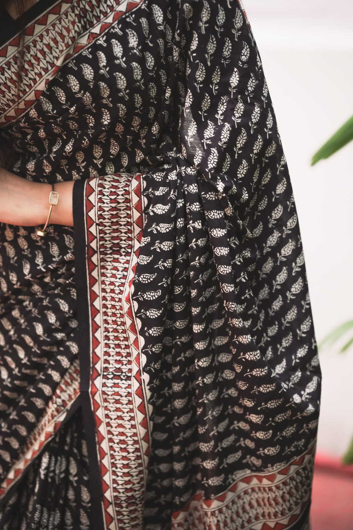 Leaf Butta on Black Block Printed Mul Cotton saree