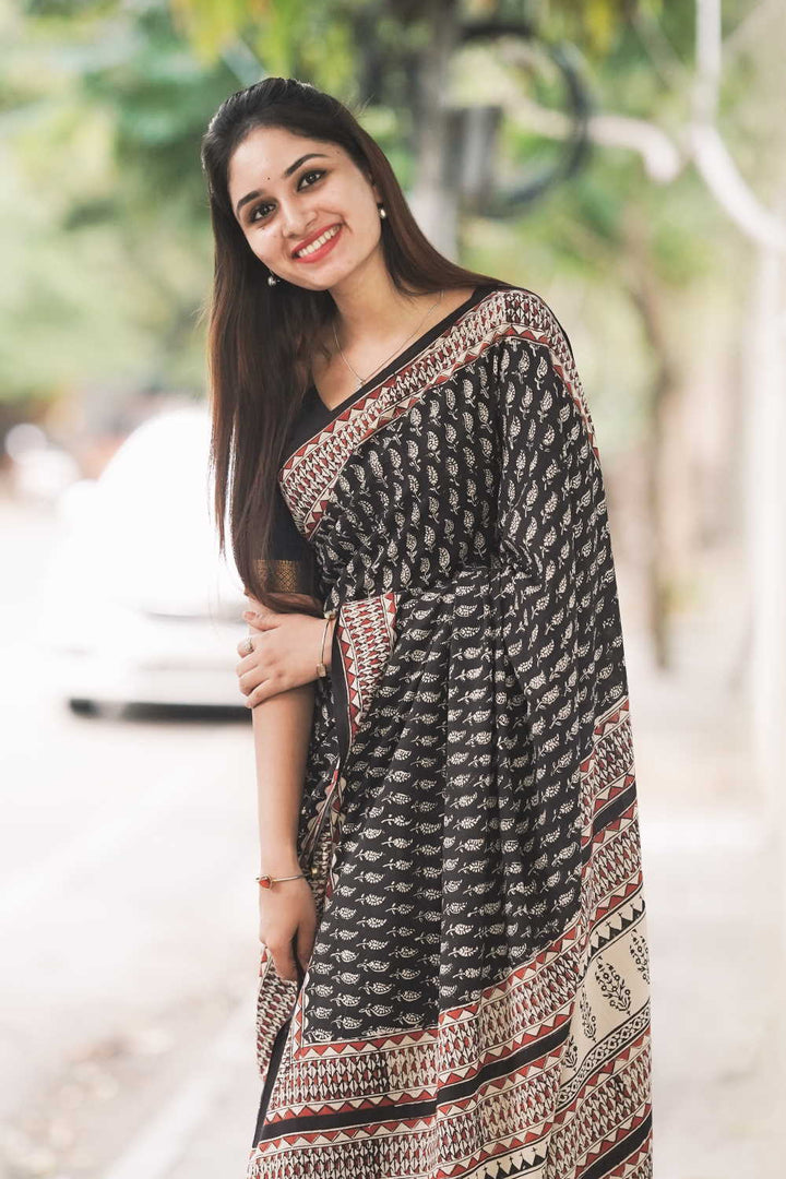 Leaf Butta on Black Block Printed Mul Cotton saree