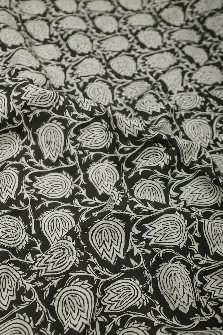 Lotus Floral on Black Bagru Cotton Fabric - 1m