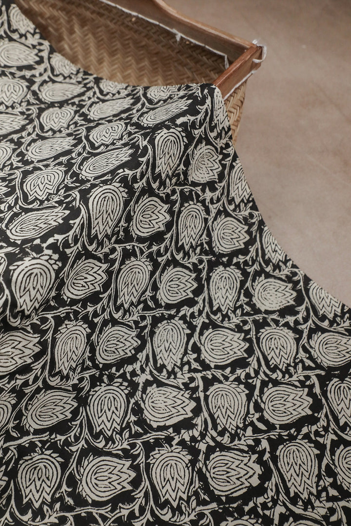 Lotus Floral on Black Bagru Cotton Fabric - 1m