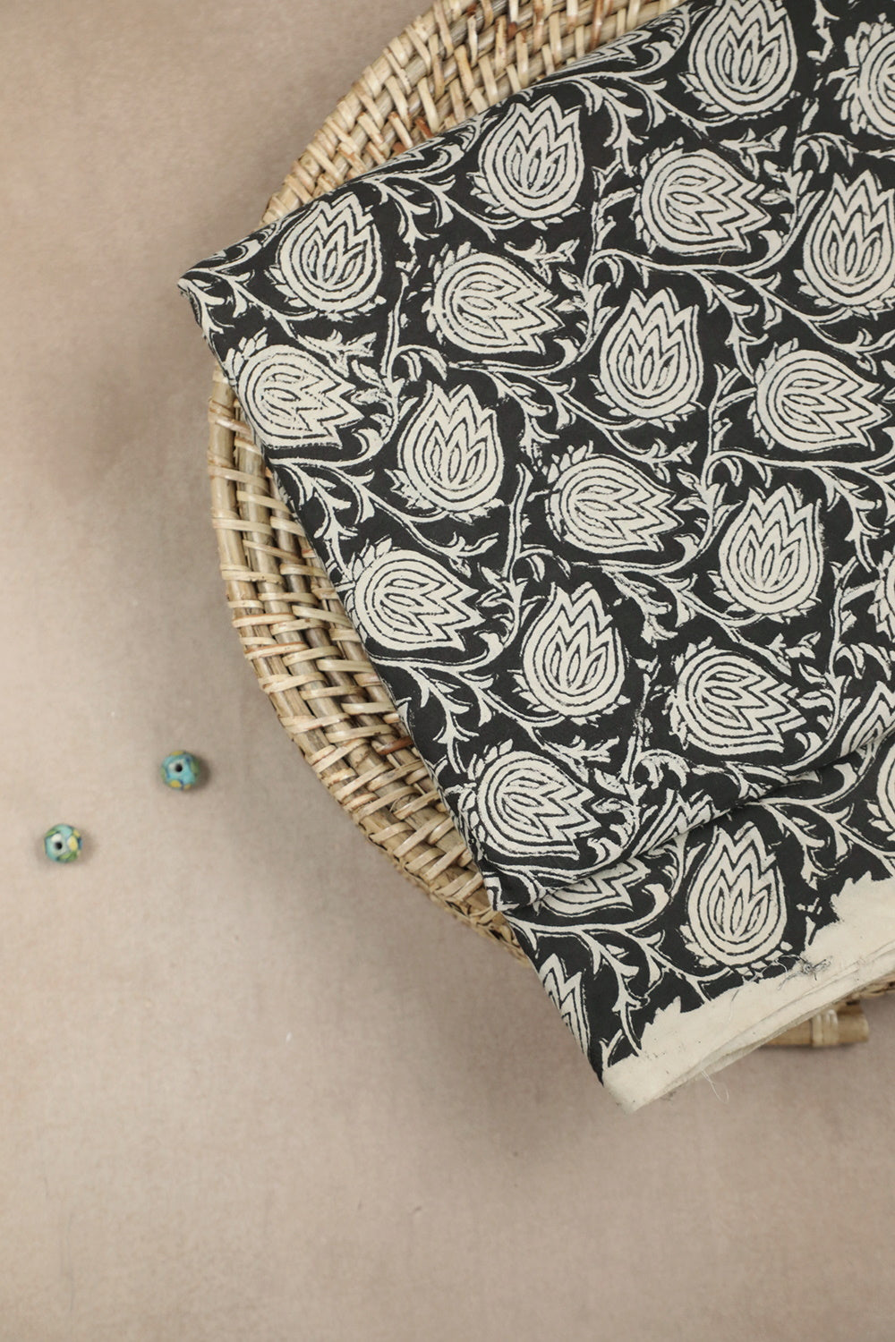 Lotus Floral on Black Bagru Cotton Fabric - 1m